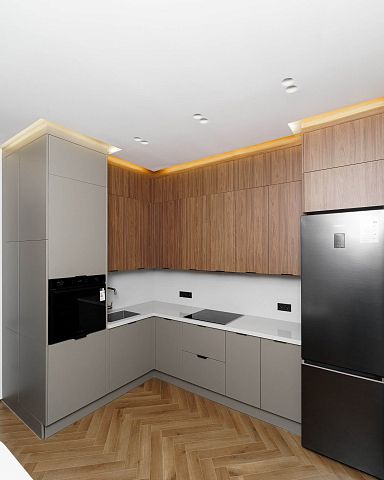 Угловая серая кухня с фасадами под дерево. Коллекция Вуд. Размер: 3136 Х  1260 Х  3022 мм  - 2