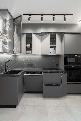 Угловая серая кухня. Коллекция Джерси. Размер: 3085 Х 1190 Х 2631 мм  - 2